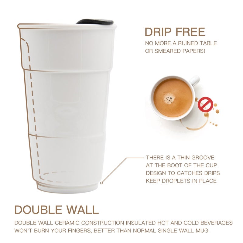 UDMG Ceramic Double Wall Insulated Travel Coffee Cup with Slider Lid, Silicone Sleeve & Built-In Coaster, 10 fl.oz (Coffee) - Image 2